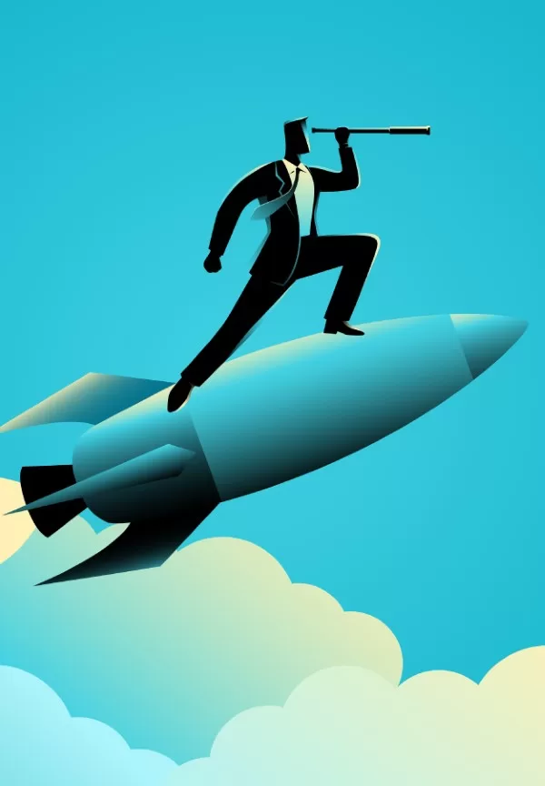 Businessman on a rocket using a telescope